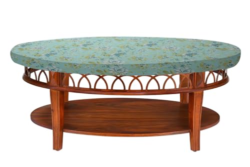 Image of The Furnishing Tree Elastic Cotton Oval Center Table Cover 18x60 in Inches Floral Golden Leaf on Blue Base