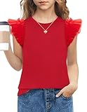 Arshiner Mädchen Blusen Spitzenärmeln Kinder Tshirt Sommer Rundhals Kurzarmshirt Fliegenden Ärmeln Oberteil Freizeit Einfarbig Bluse für Mädchen 9-10 Jahre Rot