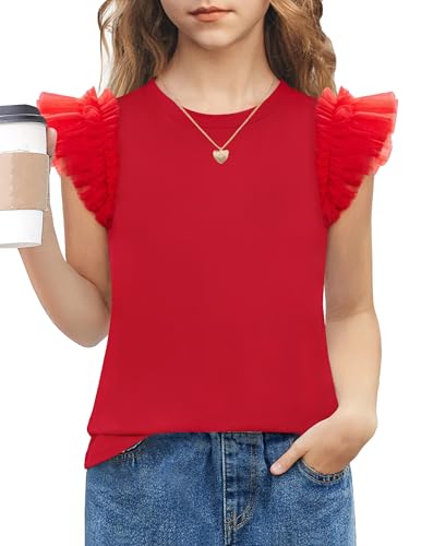 Arshiner Camiseta De Verano para Niñas Mangas de Encaje Verano Camisa Infantil de Cuello Redondo Y Manga Corta Top con Mangas Volantes 5-6 Años Rojo