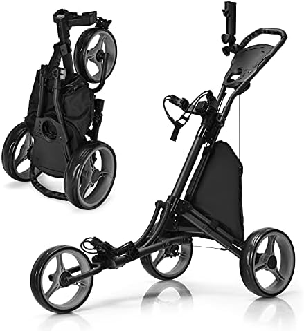 GYMAX Golf Push Cart, 3 Wheels Aluminum Folding Height Adjustable Golf Push Trolley with Umbrella Holder & Waterproof Bag, Portable Lightweight Quick Open Fold Golf Cart (Gray)