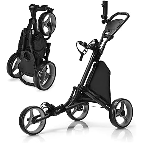 Carro de Golf Plegable GOPLUS de 3 ruedas con altura ajustable, soporte para sombrillas y bolsa impermeable Cover