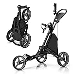GYMAX Golf Push Cart, 3 Wheels Aluminum Folding Height Adjustable Golf Push Trolley with Umbrella Holder & Waterproof Bag, Portable Lightweight Quick Open Fold Golf Cart (Gray)
