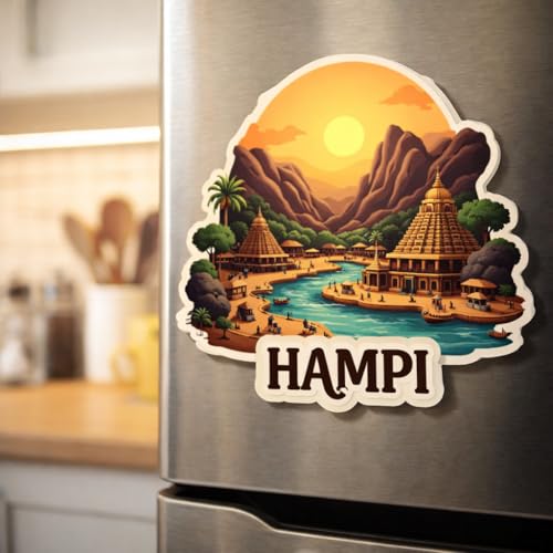 Image of Naxon Hampi City Theme Souvenir Wooden Fridge Magnet | Vijayanagara Ruins & Virupaksha Temple Design 3x3 Inch Refrigerator Magnet for Kitchen & Home Decor | Travel Gift from Hampi | Pack of 1