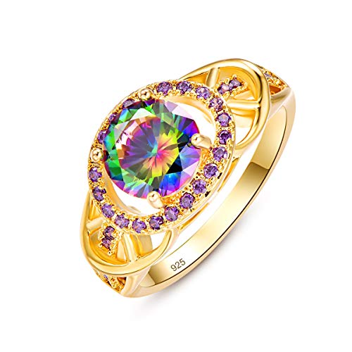 Narica Charming Mystic Women's Yellow Gold Plated Round Cut Created Rainbow Topaz Halo Rings CZ Cubic Zirconia Filled for Mom Girls, 7#