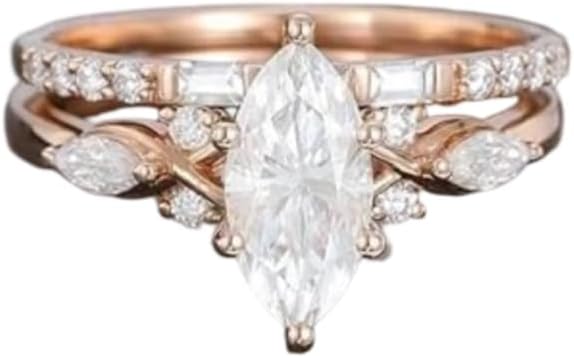 Marquise cut Moissanite engagement ring set Unique Rose gold Baguette cut gemstone wedding band Bridal ring set Anniversary ring for her