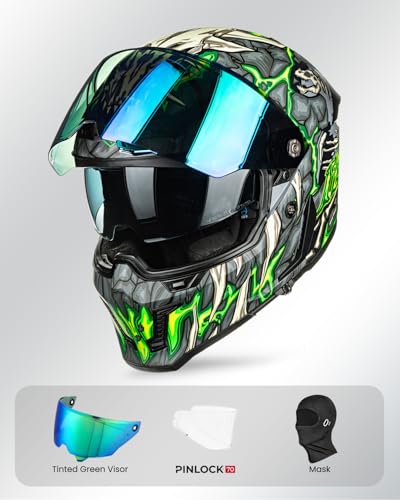 Image of ILM Motorcycle Helmets for Adult Men Women Full Face DOT ECE Powersports Dual Visor Street Racing Helmet with Pinlock Cascos para Motos Model MF509 (Day1 Green, 2XL)