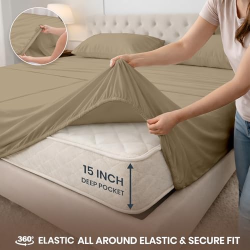 Image of SGI Split King Sheet Set for Adjustable Bed Egyptian Premium Cotton 600 Thread Count Sheets for Sleep Number Bed 15 inch Deep Pocket 5 Pc Set with 2 Twin XL Fitted Sheets Soft Breathable -Taupe