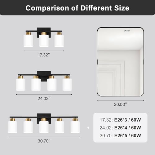 Image of FonmYim Black and Gold Bathroom Light Fixtures, 3-Light Modern Vanity Light Over Mirror, Wall Sconces with Milky White Frosted Glass Shades, E26 Socket (Bulbs Not Included)