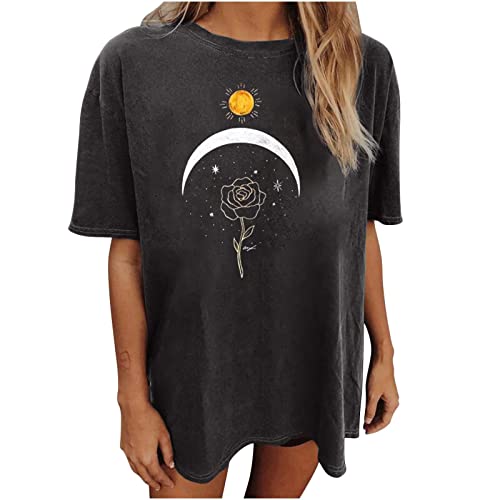 Womens Vintage Tshirts Sun Moon Floral Graphic Tees Short Sleeve Tops Round Neck Oversized Tshirts Casual Tshirt Blouse