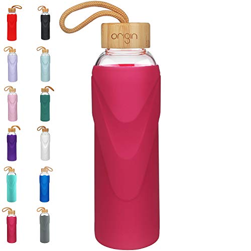 Origin Best BPA-Free Glass Water Bottle with Protective Silicone Sleeve and Bamboo Lid