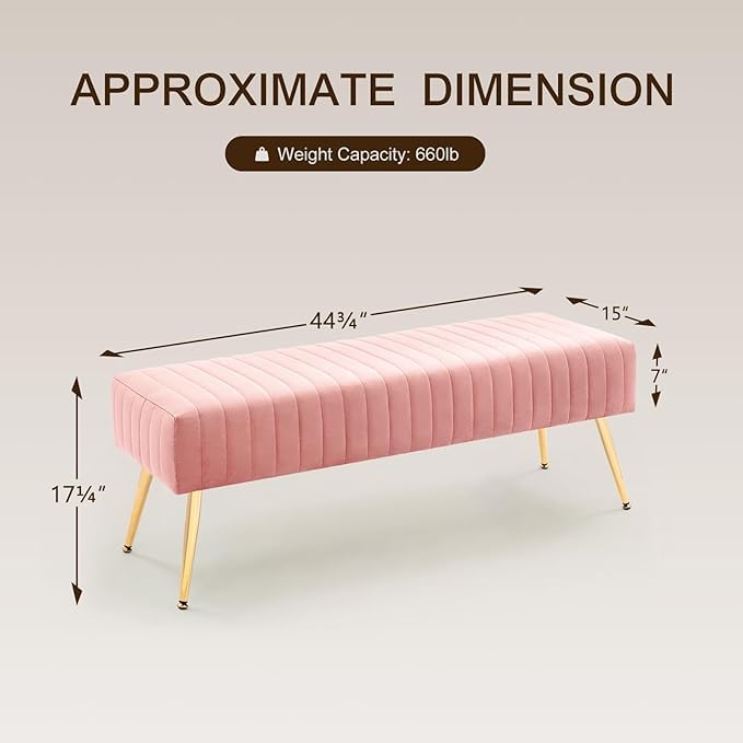 Image of Modern Velvet 2 Seater Ottoman | Upholstered Long Ottoman for Bedroom, Living Room, Entryway, Sofa Upholstered or End of Bed Seating | Comfortable Padded Accent Furniture | Velvet Pink