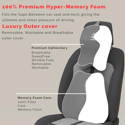 Image of MRRON Orthopedic Memory Foam Lumbar Backrest & Neck Rest Cushion for Car Seat - Ergonomic Car Back & Neck Support Pillow Combo - Pain Relief for Long Drives, Sciatica, Posture (Grey, Slim Backrest)