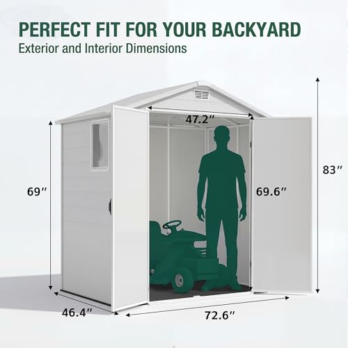 Image of Devoko 6 x 4 FT Resin Shed with Floor, Outdoor Plastic Storage Sheds with Windows, Waterproof Utility Tool Garden Shed with Lockable Door for Backyard Patio Lawn, Light Gray