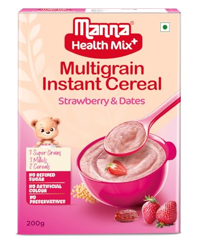 Image of Manna Health Mix Instant Multigrain Cereal, Strawberry, Banana, Dates, with Milk. Made with Real Fruits and 7 Supergrains and Millets. No Added Sugar, No Artificial Colour, Flavours 200g
