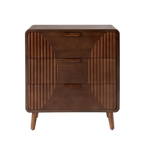 Image of HOMPUS 3-Drawer End Table, Brown 3 Drawer Nightatsand, Mid Century Wooden Bedside Table, Modern Nightstand with Vertical Stripe Pattern, Accent End Table for Living Room, Hallway, Entryway