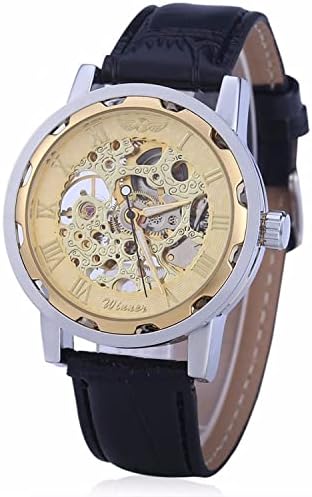 Vavna Classic Men's Leather Dial Skeleton Mechanical Sport Army Wrist Watch (Gold) (Black)