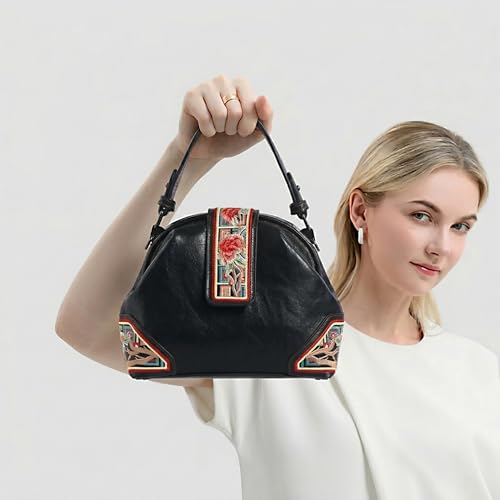 Image of EXOTIC Zenvira Artisan Satchel Bag with Embroidered Detailing, Structured Silhouette, Detachable Sling Strap Purse