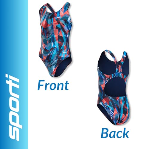 Image of Sporti Wide Strap Girls' Athletic One-Piece Swimsuit - Printed Pattern Competitive Bathing Suit, Racerback Style for Girls