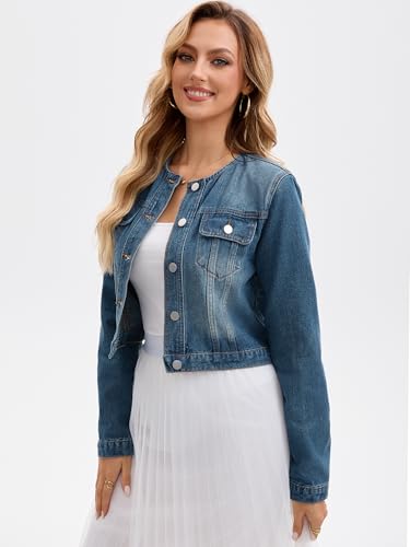 Women's Denim Jacket Collarless Button Down 2025 Western Long Sleeve Jean Jackets2