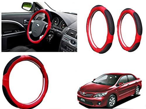 Image of Microfiber Car Steering Wheel Cover, Soft Padding Great Hand Feel, Anti-Slip, Faux Leather Steering Cover for Toyota Corolla Altis | Black Red Jali - Pack of 1