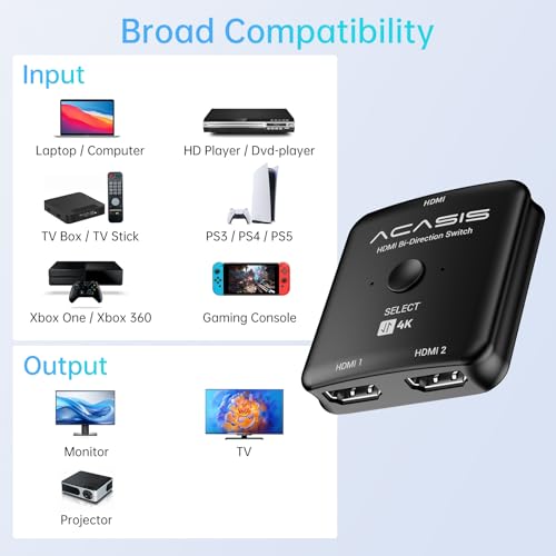 Image of ACASIS HDMI Switch Splitter 4K@60hz, Bidirectional HDMI 2.0 Switcher 2 in 1 Out, HDMI Splitter 1 in 2 Out, Support 4K 3D HDR for Xbox PS5 /4 /3 Blu-Ray Player Fire Stick Roku HDTV