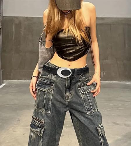 Women's Faux Alligator Leather Waist Belt Silver Oval Metal Buckle Belt for Jeans Pants Black Belt2