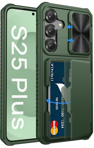 Image of Vihibii for Samsung Galaxy S25 Plus Case with Card Holder (4 Cards) [RFID Blocking] & Slide Camera Cover, Military Grade Drop Protection, Rugged Hard Back & Silicone Edge Wallet Case, 6.7 inch 2025, Green