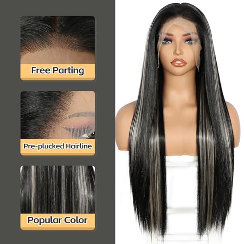 Sapphirewigs 13x6 Highlight Black Straight Lace Front Wigs Long Straight Wig for Women Highlight White Lace Front Synthetic Hair 150% Density Party Daily Wear Heat Resistant 26inch - Image 3