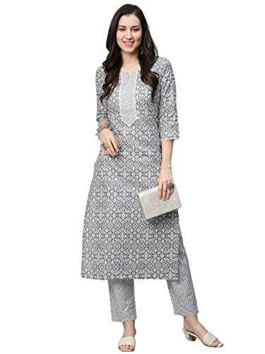 Image of GoSriKi Women's Cotton Blend Printed Straight Kurta With Pant
