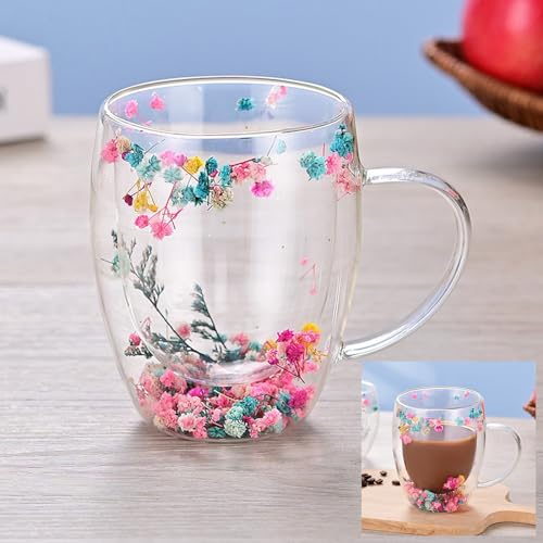 Xfeyaqlo 350ml Vaso Doble Pared, Vasos Cafe Cristal Flores Secas, Bonitos Taza Cristal Cafe Vasos de Te (D)