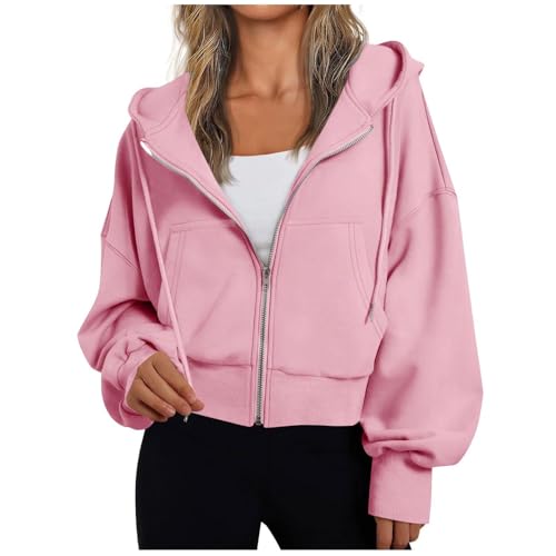 Image of ZSIQOII Womens Zip Up Hoodie UK Crop Full Zip Up Jackets Oversized Long Sleeve Solid Color Hoodies for Autumn and Winters Outdoor Sports Top Pink S