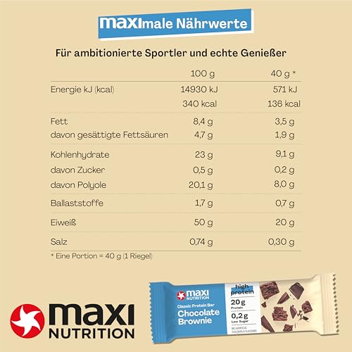 MaxiNutrition Classic Protein Bar Chocolate Brownie 16 x 40g - Protein Riegel mit 50% Eiweiß, 20g Protein pro Riegel, low sugar (0,2g), ohne Zuckerzusatz, ohne künstliche Aromen/Farbstoffe
