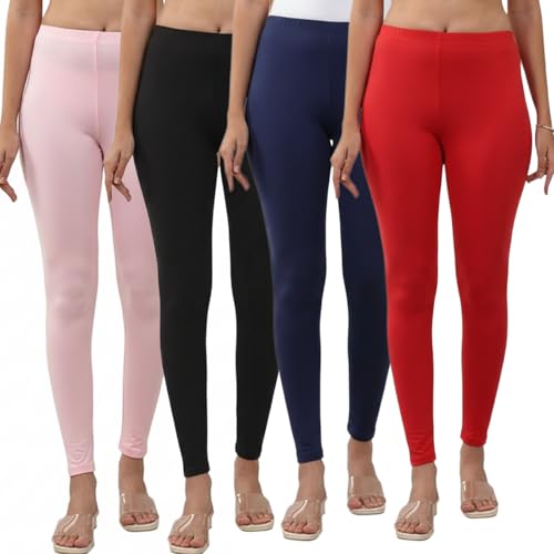 Image of Volex Women and Girls Full Length Leggings | Cotton Spandex /Elastane 4 Way Stretchable | Casual Slim fit Ultra Soft Leggings-Pack of 4