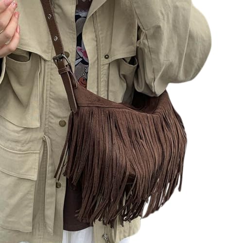 Image of Women Vintage Suede Fringe Hobo Bag Tote Shoulder Bag Crossbody Bag and Hippie Western Cowgirl Purse Shoulder Bag