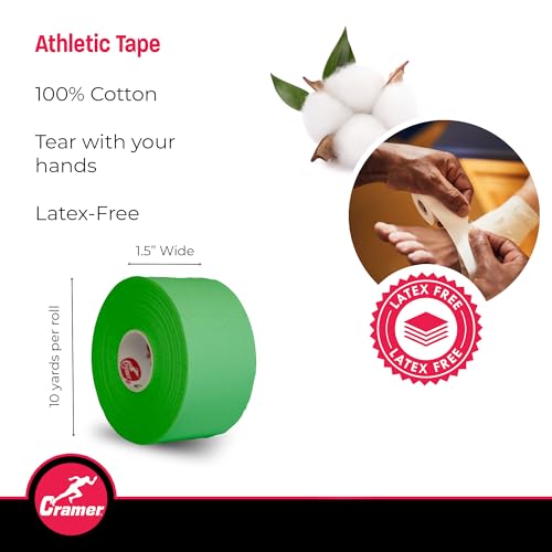 Image of Cramer Team Color Athletic Tape, 1.5 inch x 10 Yards Green, Easy Tear Sports Tape for Ankle, Wrist & Knee, Latex-Free Adhesive, Strong Support, Athletic Training Tape Roll