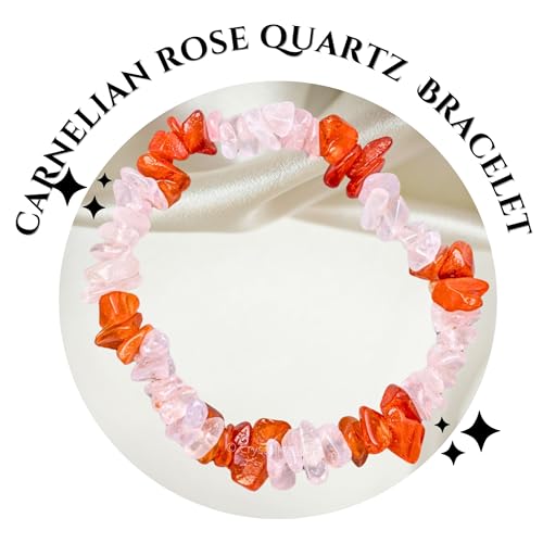 Image of Certified Rose Quartz - Carnelian Bracelet for Women Men with Healing Crystal and Reiki Stone - Beautiful Gemstone Beaded Bracelet for Balance, Harmony & Positive Energy (Chips Stone Beads)