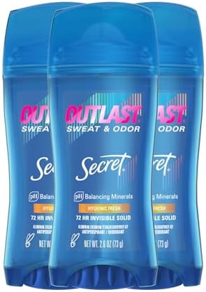 Secret Outlast Antiperspirant Deodorant for Women, 72hr Sweat & Odor Protection, Ph Balancing Minerals, Invisible Solid, Hygienic Fresh Scent, 2.6 oz (Pack of 3)