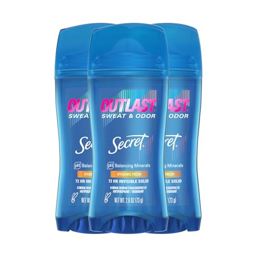 Secret Outlast Antiperspirant Deodorant for Women, 72hr Sweat & Odor Protection, Ph Balancing Minerals, Invisible Solid, Hygienic Fresh Scent, 2.6 oz (Pack of 3)