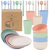 Czemo Camping Geschirr Set 4 Personen Geschirrsets aus Kunststoff Camping Geschirr Set Picknickgeschirr, Plastikgeschirr mit Tellerset, Schüssel, Becher, Besteck Set