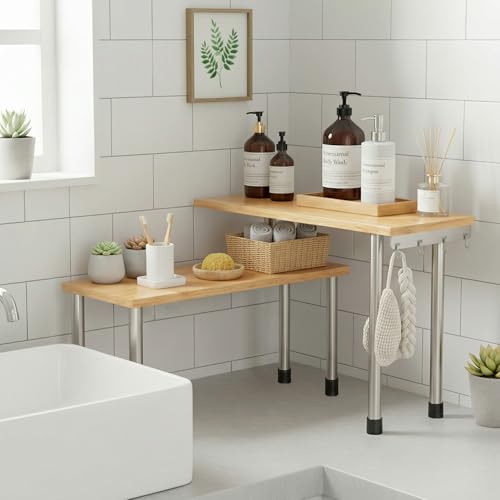 Image of ABJA Premium Kitchen Counter Top Organizer, Shelf Rack for Kitchen Storage, Wooden Corner Shelf, 2 Tier Spice, Oil Stand, Tabletop Adjustable Rack (Golden Brown, 2 Tier)