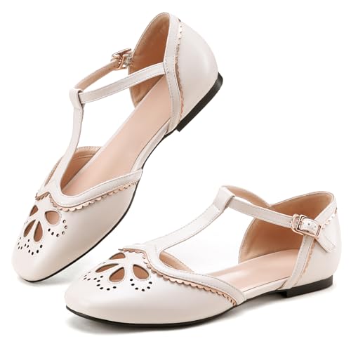 LanreyTaley Womens Vintage Mary Jane Shoes 60s Flats Round Toe Brogue Shoes Cut Out Dress Pumps