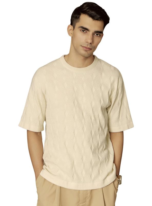 andamen Men Structure Cotton Relaxed Fit Crew Neck White-picture-13