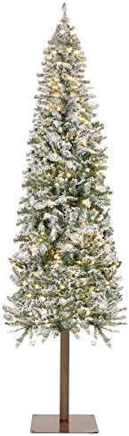 Best Choice Products 6ft Pre-Lit Slim Pencil Christmas Tree, Snow Flocked Hinged Artificial Alpine Holiday Decoration w/ 250 LED Lights, 700 Tips, Metal Stand