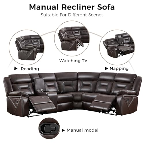Image of EBELLO Manual Reclining Sectional Sofa for Living Room, L-Shaped Sectional Corner Reclining Sectional Couches Home Furniture Set with Center Console, Hidden Cup Holders and Storage, Dark Brown