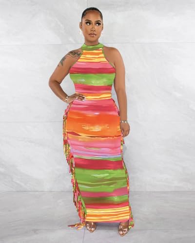 Image of YUEWOO 2 Piece Outfits for Women Sexy Crop Top Ruched Bodycon Maxi Dresses Fringe Skirt Sets Night Club Jumpsuits