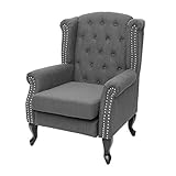 Mendler Sessel Chesterfield, Relaxsessel Clubsessel Ohrensessel, wasserabweisend Stoff/Textil - dunkelgrau ohne Ottomane