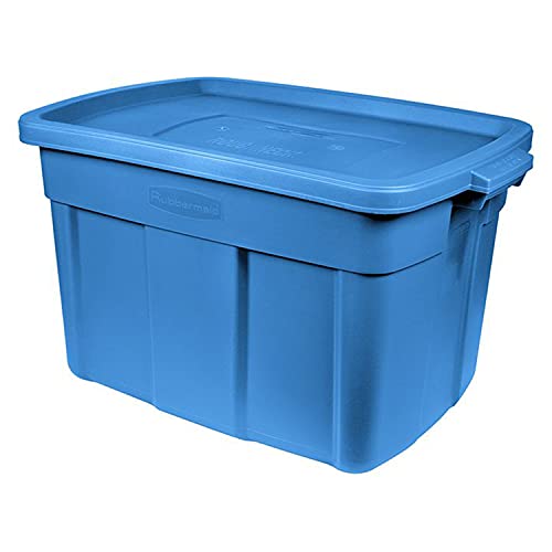Image of Rubbermaid Roughneck Tote 18 Gal, 6 Pack, Made in USA, Heritage Blue, Rugged Plastic Stackable Storage Bins with Lids and Handles