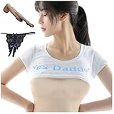 [OLYOLY] 3点セット 過激 セクシー コスプレ 制服 Tシャツ 下乳 オープンバスト 透ける下着 穴あき Tバック (03 白3点)