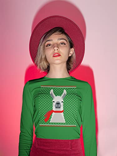 Old Glory Big Llama Ugly Christmas Sweater Holiday Xmas Funny Cute Animal Women’s Long Sleeve T-Shirt, Green, Cotton, Medium #TOP2