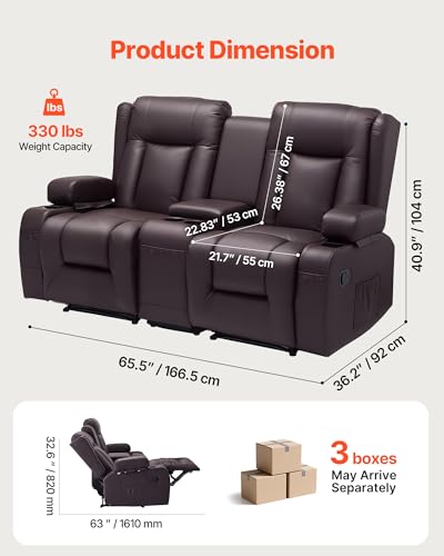 Image of VEVOR Loveseat Recliner Sofa, Home Theater Seating Reclining RV Couch with Console, Wall Hugger Recliner with USB Ports, Cup Holders, Storage Bags, Dual Loveseat Chair for RV /Movie Room, Faux Leather